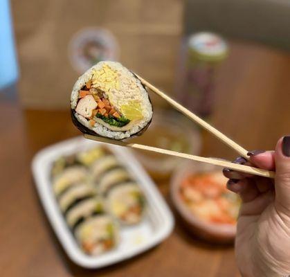 Tuna Mayo Kimbap w/ green onion soup ($12.99) + Housemade Kimchi ($3.99) - ghost kitchen, takeout + delivery only