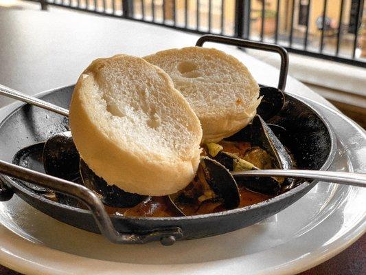 Tapas: Steamed Mussels - Pico de gallo, fresh chiles, coconut milk, grilled crostini