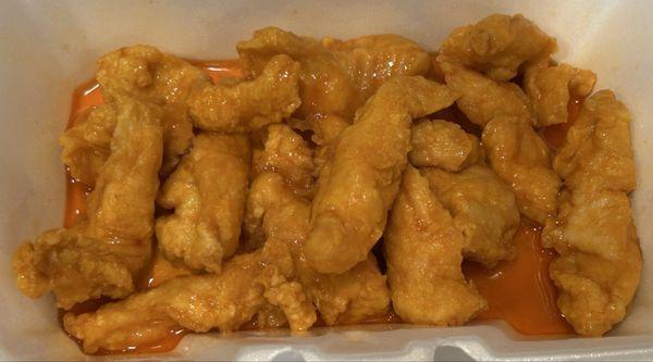 10 Boneless Buffalo Wings - Mild sauce. Lightly breaded. Not a bad little app