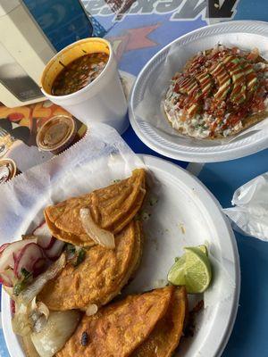 Quasobirria tacos. Chevicha tostada.