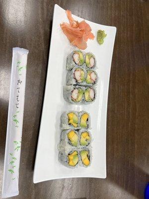 California roll and Mango/Avocado Roll