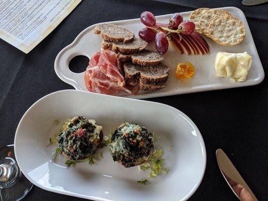Stuffed mushrooms with spinach, kale, mozzarella; brillat cheese and prosciutto plate