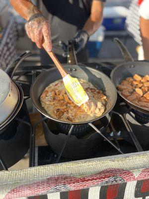 Preparing the chicken shrimp tequila fettuccine