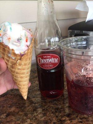 Birthday cake and cherry ice cream and good ol' fashion soda.