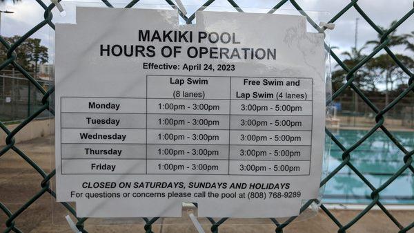 Makiki Pool Hours of Operation, effective April 24, 2023.