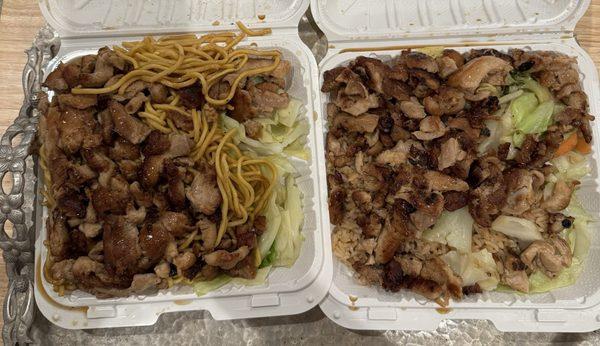 2 Chicken Teriyaki Combos with vegetables and extra sauce, one with fried rice and one with noodles