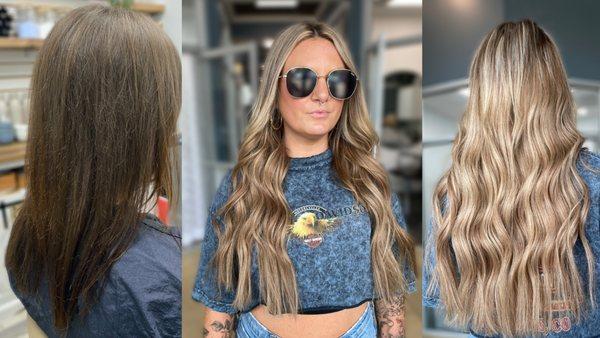 Two full balayage color sessions and two rows of 22" custom colored handtied hair extensions.