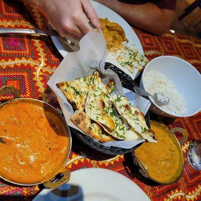 Chicken Masala, Garlic Naan Chickem Korma and Basmati rice.