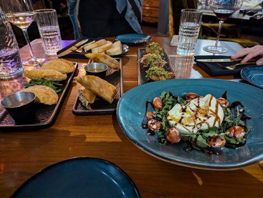 Duck Confit Spring Rolls, Pernil Lovers (GF), Chicken Empanada and Truffle Burrata (GF)