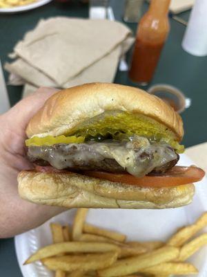 Pepper Jack Cajun Cheeseburger, add mustard, add pickles, no lettuce.