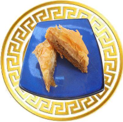 pistachios and walnuts layered between buttery, flaky pastry with a honey syrup topping