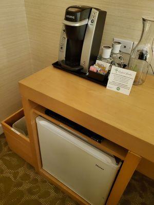 Mini fridge, coffee maker