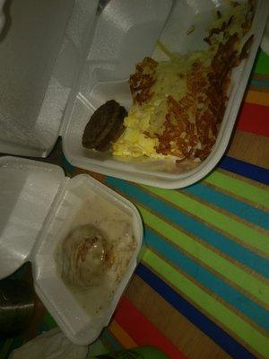 Biscuit and Gravy, sausage, eggs, and hashbrown