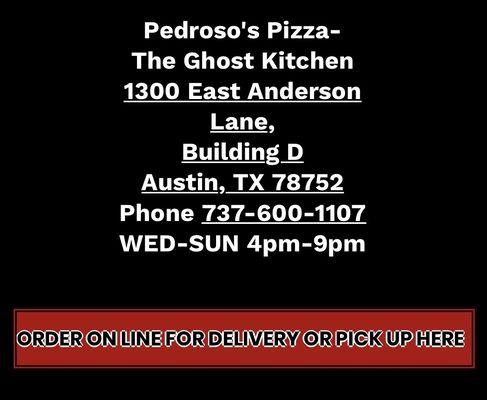 Hours and location - this is a ghost kitchen! Meaning to go and delivery only!