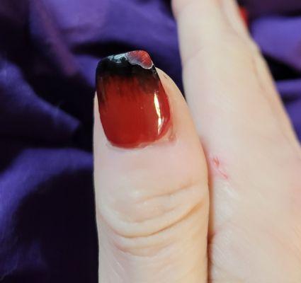 2 days after being done by Michael T at Happy Nails. Finished w Gel polish bc nails "wouldn't take to dip."