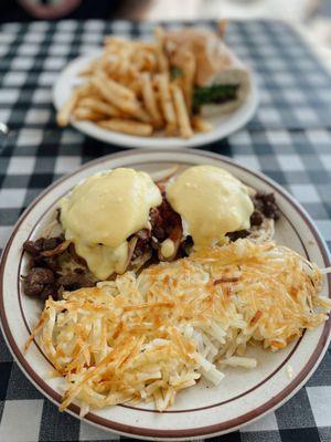 Carne asada Benedict and carne asada sandwich with garlic fries