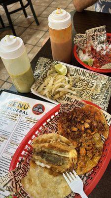 Taco de Chilito relleno de queso, Tacos de Asado de puerco, Chicharrón Prensado" on the side is roasted onions & salsas verde & roja!