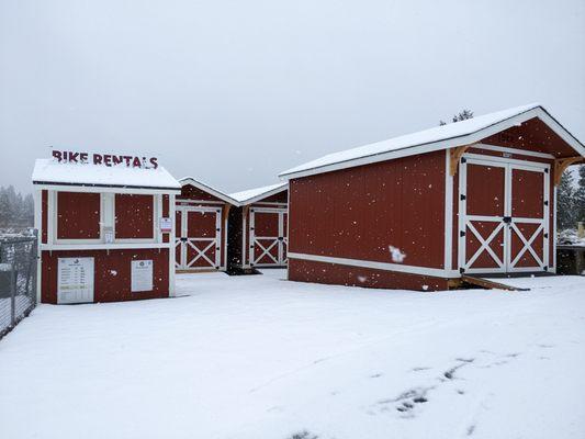 3 sheds and kiosk placed just before first snow