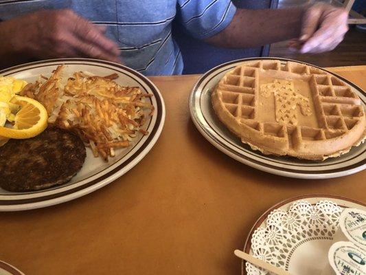 Waffle sausage hash browns scrambled eggs