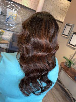 A Full Balayage toned with a beautiful copper tone