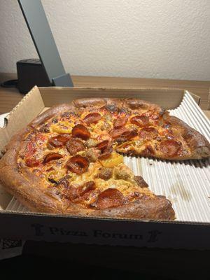 Pepperoni Sausage Onion and banan peppers well done.