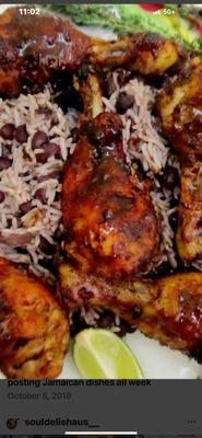 Jerk, legs and red peas, and rice