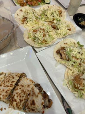 Fish tacos, mushroom quesadilla and shrimp tacos
