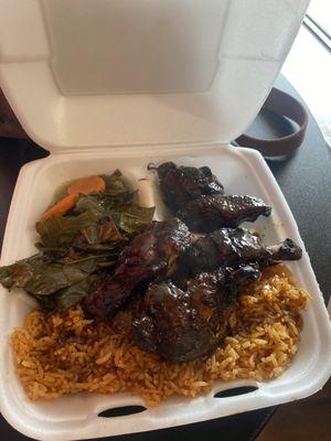 Jerk chicken, spicy rice, greens