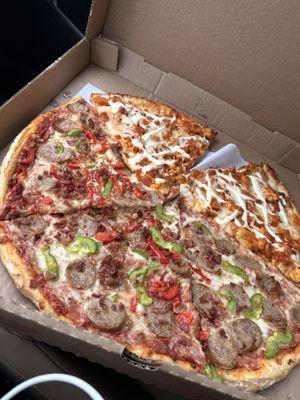 3 slices of sausage, peppers and bacon 2 slices of Buffalo Chicken Pizza