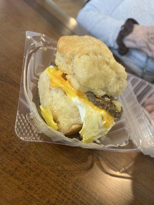 Sausage, egg, and cheese breakfast sandwich (look at that biscuit!)