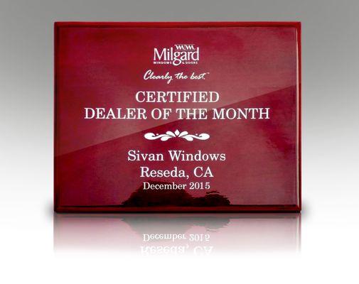 December 2015 Milgard Platinum Dealer of the Month Awarded to Sivan Windows and Doors.