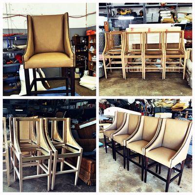 Custom built dining chairs created in our carpentry room. The final touches were hand-hammered nail trim.
