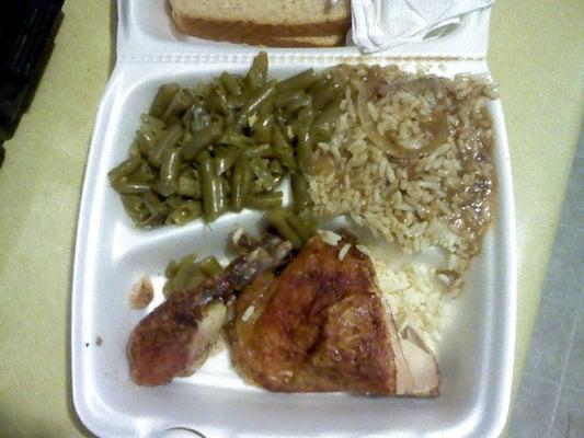 Baked chicken with green beans and rice and gravy