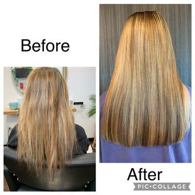 Before and After: One row, handtied sewn-in volume extensions.