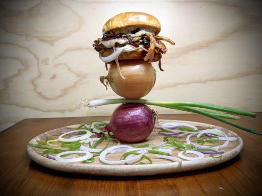 The Onion B.O.M. - Charred Scallion Mayo | Pickled Red Onion | Yellow Onion | Swiss Cheese | Caramelized Beer Onions | French-Fried Onions