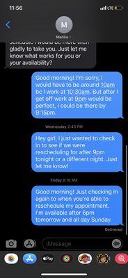 Multiple messages back to Marika, attempting to reschedule without a reply.
