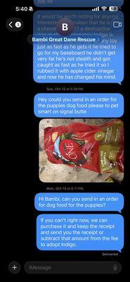Texts trying to request foster puppies dog food.