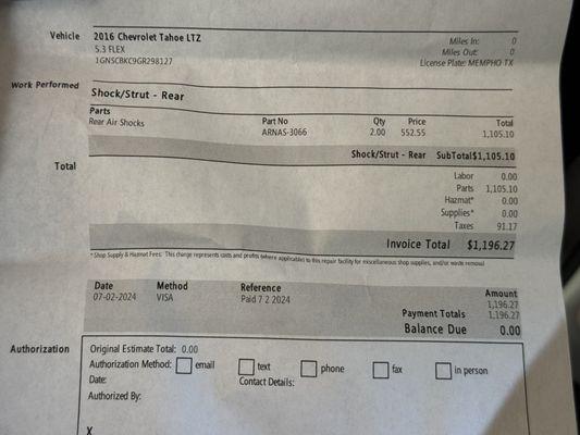 Final repair receipt