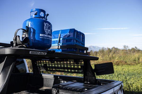 Sand blasted and powder coated the blue Jerry cans and propane tank