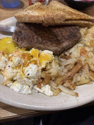 Hamburger steak, potatoes, eggs, toast. Great!