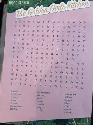 Crossword puzzle given to diners at The Golden Girls Kitchen in San Francisco.