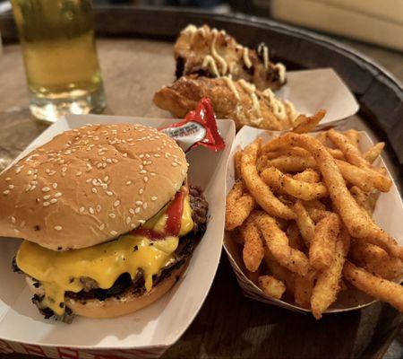 Smashburger, fries, and empanadas