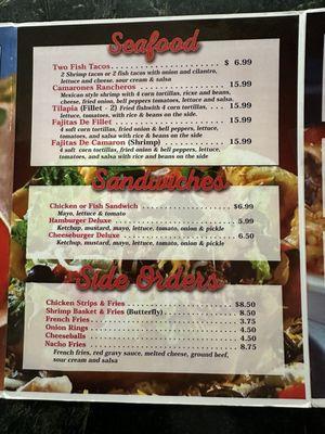 Seafood and Sandwiches menu