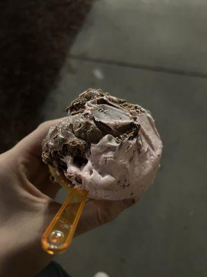 Small with strawberry chip and chocolate gelato