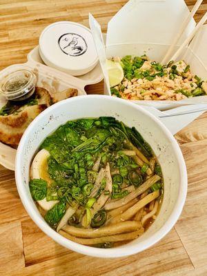 Shoyu ramen, gyoza, spicy garlic noodles