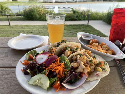 Grilled Shrimp Tacos with Mixed Field Greens, Hand Battered Cheese Curds, and Central Waters Nice Things Pale Ale!
