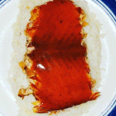 Grilled salmon smoked in peach wood glazed with Myles Select Pam's Peach Bbq sauce on a bed of peach