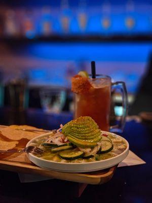 Agua chile verde and guava michelada.