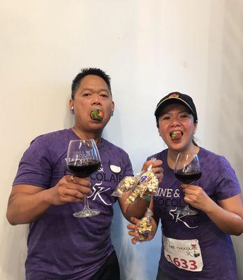 Red wine, chocolate covered strawberries in our mouths, and chocolate covered popcorn from Peterbrooke