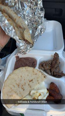HONDURAN BURRITO WITH STEAK / BALEADA CON CARNE and HONDURAN BREAKFAST / DESAYUNO HONDURENO
